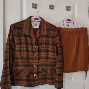 Striped Olive and Brown Two-Piece Jacket and Skirt Set